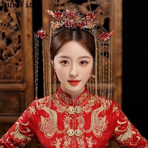 JaneVini Ancient Chinese Style Bridal Headbands Luxury Jewelry Red Gold Long Tassel Bride Wedding Crowns Bandeaux De Cheveux