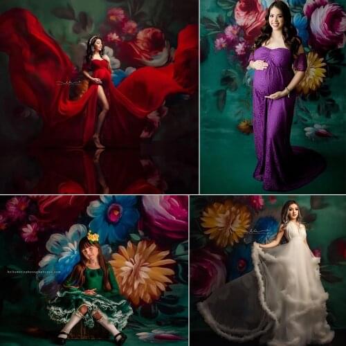 Retro Floral Old Master Backdrop for Photo Studio Green Hand Painted Flowers Background Newborn Adult Portrait Art Photography