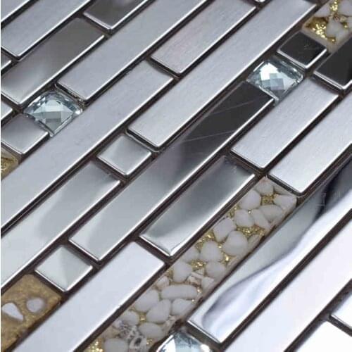 Silver stainless steel strip mixed shell resin mosaic tile for hallway mosaic living room bathroom wall tiles kitchen backsplash