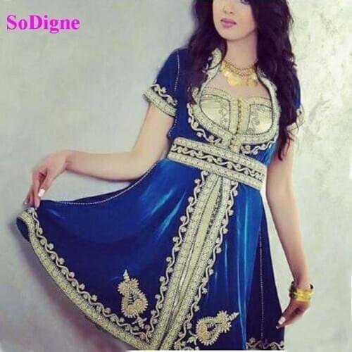 SoDigne Short Moroccan Caftan Evening Dresses 2021 Formal Short Sleeve Dubai Arab Prom Party Gowns Elegant Celebrity Dress
