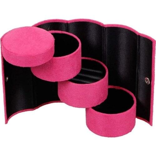 SZanbana Hot Pink Portable Travel Jewelry Storage Case Earring Hair Tie Box Holder Velvet Three-Layer Roll-up Cylinder Shape