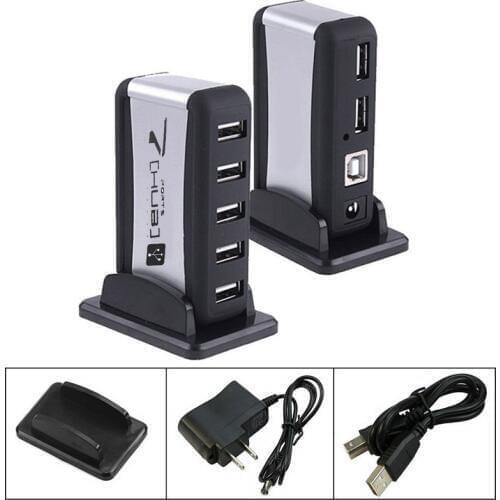 High Speed 7 Port USB 2.0 Hub USB Expansion Splitter Hubs with US/EU Plug AC Power Adapter Cable + Vertical Stand for PC Laptop