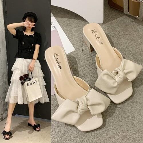 2021 New Summer Bow Knot Ladies Slippers Women Shoes Square High Heels Outside Fashion Slides Casual Shoes Woman Sexy Slippers