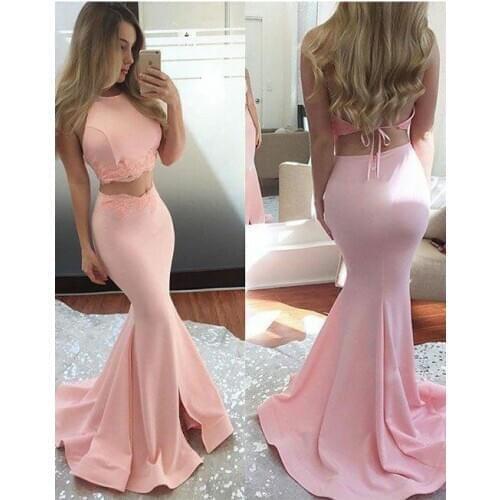 Sexy Mermaid Halter Long Pink Evening Dresses with Slit Satin Floor Length Zipper Back Formal Party Dresses for Women