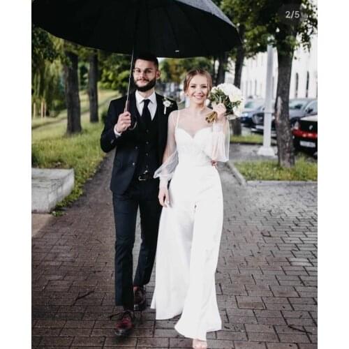 Elegant Long V-Neck Beaded Jumpsuit Wedding Dresses with Sleeves Corset Back A-Line Satin Robes De Mariée Bridal Gown For Women