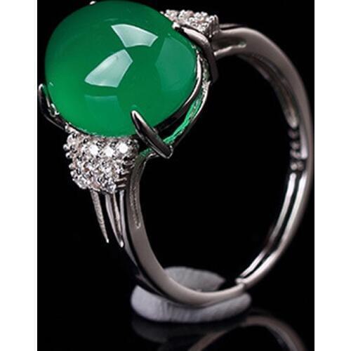 Womens Agate Ring Sliver S925 Green Chalcedony Egg Ring Zircon Rings Gift Females Fine Jewelry
