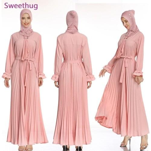 Women Muslim Dress Modest Fashion Pleat Skirt Elegant without Hijab Clothing High Quality Long Size pink Color