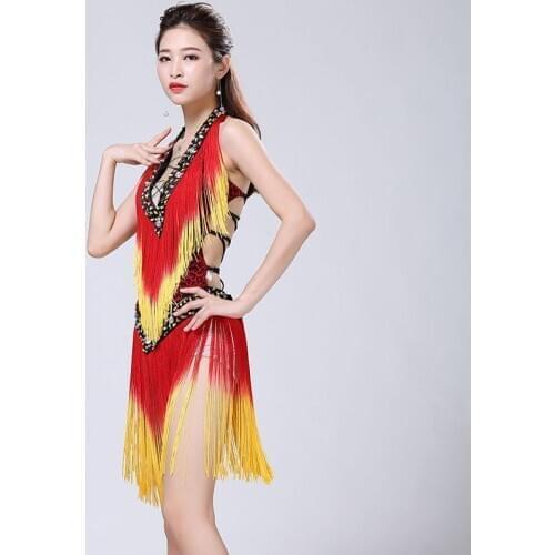 Woman Sexy Latin Dance Dress Deep v-Neck Leopard Print Intensive Gradient Tassel Straps Beauty Back mini Dress