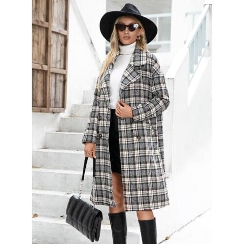 Houndstooth Winter Plaid Women Cashmere Woolen Coat Ladies Casual Turn-down Collar Coats Female Warm Outwear Long-Coats Trench