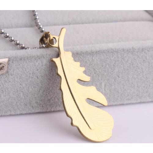Gold color color feather 316L Stainless Steel pendant necklaces bead chain for men women wholesale