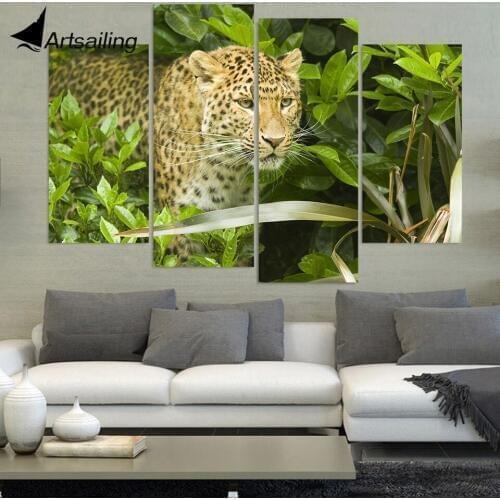 4 Panel Canvas Art Canvas Painting Leopard Lurking HD Printed Wall Art Poster Prints Home Decor Picture for Living Room XA108D