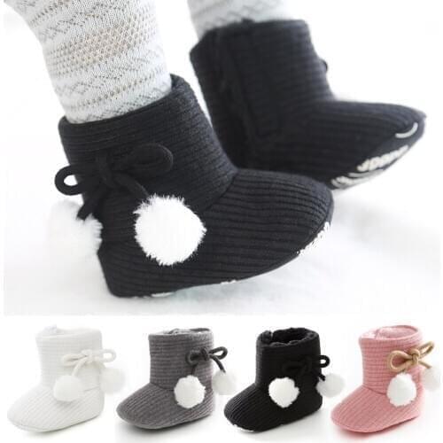 0-18M Baby Girl New Boots Warm Shoes Fashion Solid Fuzzy Balls Anti-slip First Walkers Winter Boys Toddler