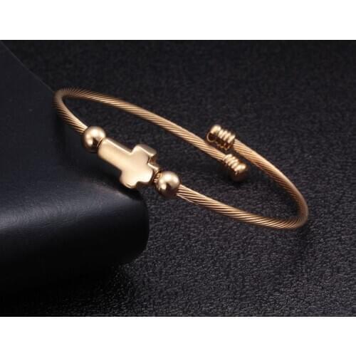 Gold Cast Cross Charm Strand Beads Bangles Men Women Stainless Steel Chain Link Cuff Sporty Bracelets Jewelry