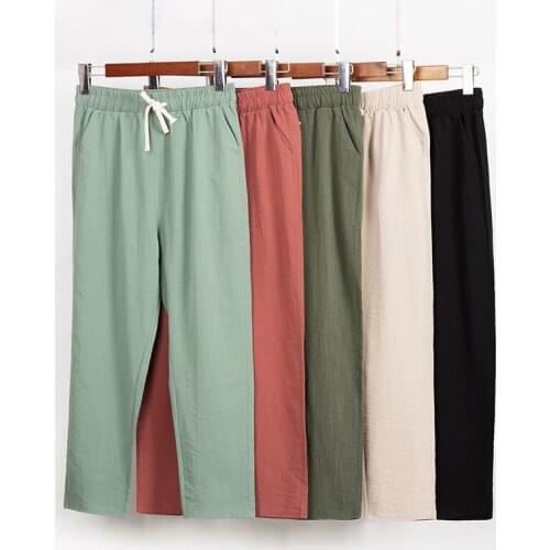 Summer Womens Pants Slubby Cotton Tethered Straight Pants Loose Leisure High Waist Solid Color Pants