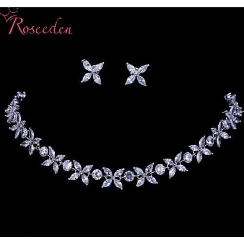 Flower Cubic Zirconia CZ Necklace and Earrings Wedding Bridal Banquet Prom Jewelry Sets RE4179