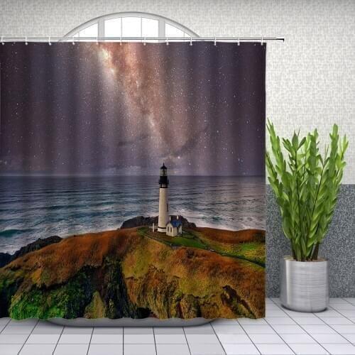 Scenery Shower Curtains Night Bright Starry Sky Seawater Lighthouse Green plant Bathroom Decor Home Bath Polyester Fabric Set