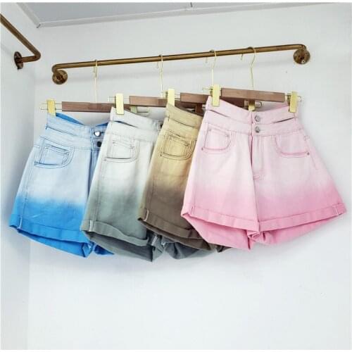 Tie Dye Gradual Change Jean Shorts Women High Waist 2021 Summer New Wide Leg A-line Hot Pants Pantalones Cortos De Mujer