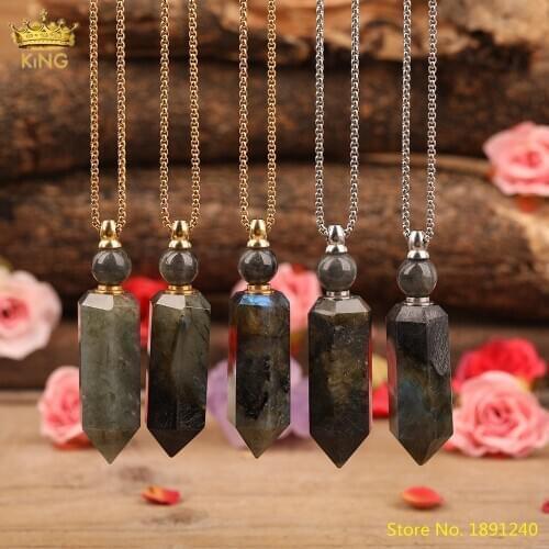 Elegant Women Natural Stone Hexagonal Pendant Jewelry Flash Labradorite Point Perfume Bottle Essential Oil Necklace Jewelry