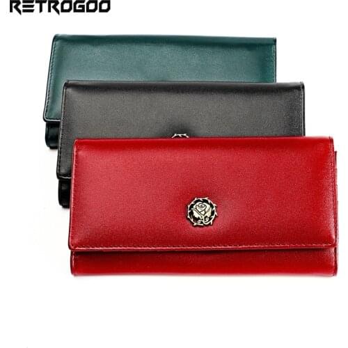 RETROGOO Rose Women Long Wallet Purse Genuine Leather Card Holder Zipper Coin Pocket Wallet Female Money Bag RFID Lady Carteira