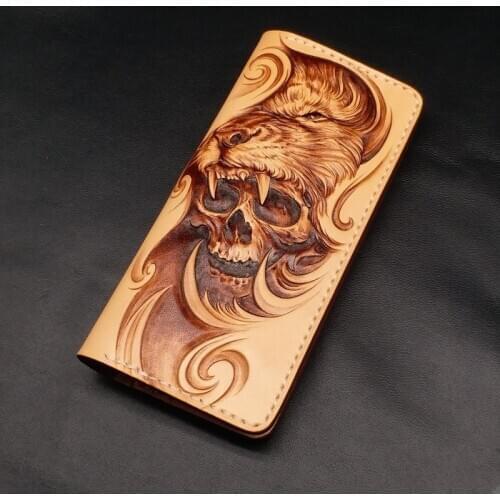 Free Design Handmade Wallets Carving Lion Skull Purses Men Long Clutch Vegetable Tanned Leather Wallet Card Holder