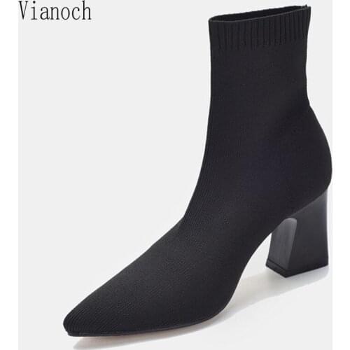 Fashion New Ankle Boots Women Spring Autumn High Heels Pointed Toe Shoes Stretchy Fabric Shoes Woman aa0099