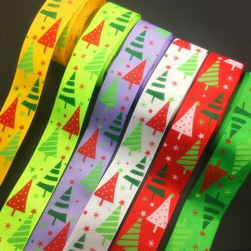 Wholesale 5 Yards 1Inch 25mm Wide Christmas Tree Printed Grosgrain Ribbon Hair Bow/Christmas/wedding DIY Sewing Craft