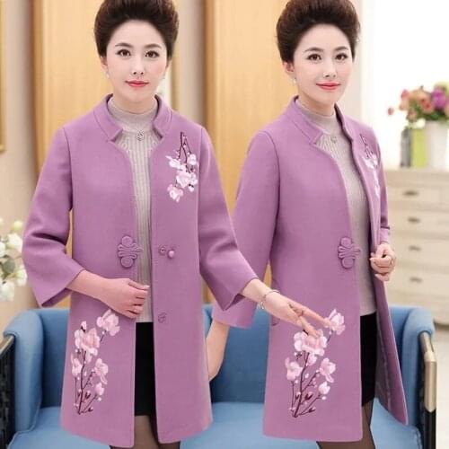Autumn Womens Woolen Coat New Embroidery Vintage Mid Long Overcoat Jacket Plus Size 5XL Middle-aged Female Blended Wool Coat