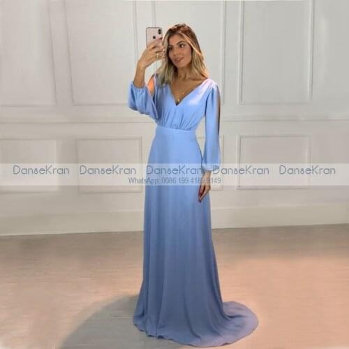 Dusty Blue Full Sleeves Prom Dresses 2021 V-Neck Long Chiffon Formal Evening Dresses For Wedding Party robe de soirée de mariage