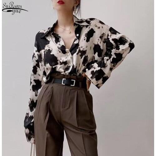 Cow Print Button Up Shirts Women Long Sleeve Blouse Korean Spring Clothes Chiffon Streetwear Plus Size Tops 2021 New Blusas13486