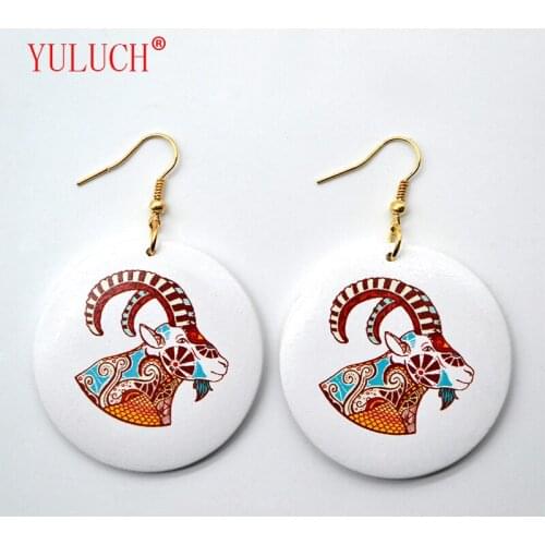 YULUCH Fresh Chinese handmade design round color printing sheep head wooden pendant popular woman jewelry earrings party gifts