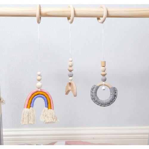 Weave Rainbow Baby Toys Wooden Beads Baby Play Gym Ring-pull Hanging Ornaments Toy Childrens Room Decoration Kids Gift