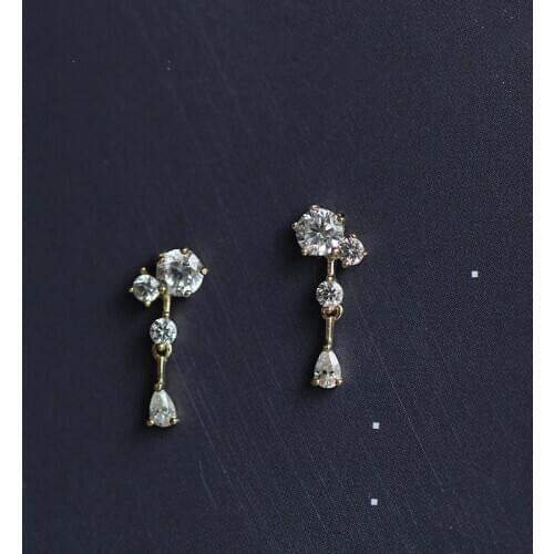 9K solid gold unique link chain crystal studded dainty earring women minimal simple style gift