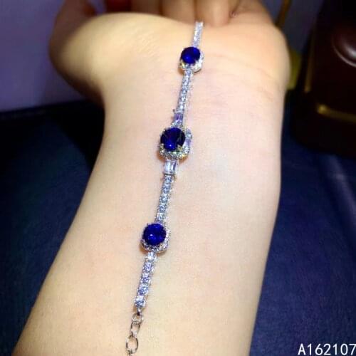 Fine Jewelry 925 Pure Silver Chinese Style Natural Sapphire Girl Luxury Trendy Round Gemstone Hand Chain Bracelet Support Detect