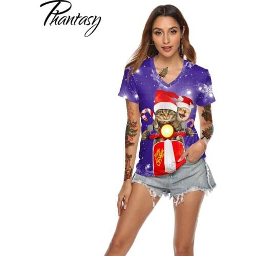Phantasy Merry Christmas Women Fashion T-Shirts Xmas 3D Cat Print t Shirt Short Sleeve Casual Funny Anime Clothes Party Shirts