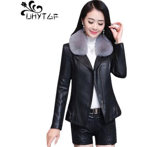 UHYTGF Autumn winter leather jacket women new fashion fur collar washed leather short coat zipper 5XL plus size leather coat 654