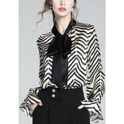 Blouse Women Silk Shirt Summer Spring Luxury Brand Striped shirt Fashion hort-sleeved Collar Silk Shirt Tops