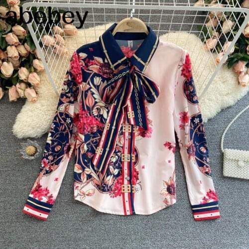 Women Korean Floral Blouse Sweet Bow Collar Single Breasted Chiffon Tops 2021 Sping Bohemian Print Casual Blouses