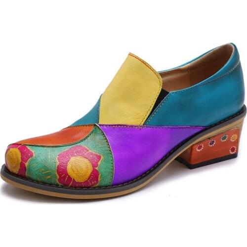 Vintage Splicing Bohemian Genuine Leather Colorblock Printed Women Pumps For Women Shoes Slip On 4CM Square High heels Round Toe