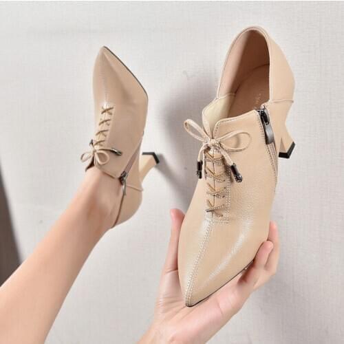 LLOGAI Pointed toe Mid Heels Women Autumn Single Shoes Woman Soft PU leather Shoe Square Heel Female Korea Style Side Zip Black