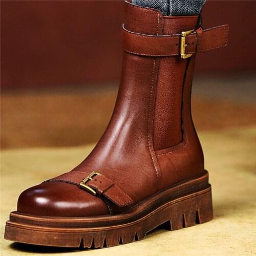 Military Oxfords Women Genuine Leather Round Toe Ankle Motorcycle Strap Buckle Chunky Buckle Creeper Shoe 34 35 36 37 38 39