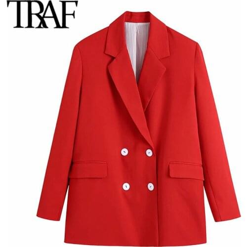 TRAF Women Fashion Oversized Double Breasted Blazer Coat Vintage Long Sleeve Flap Pockets Female Outerwear Chic Tops