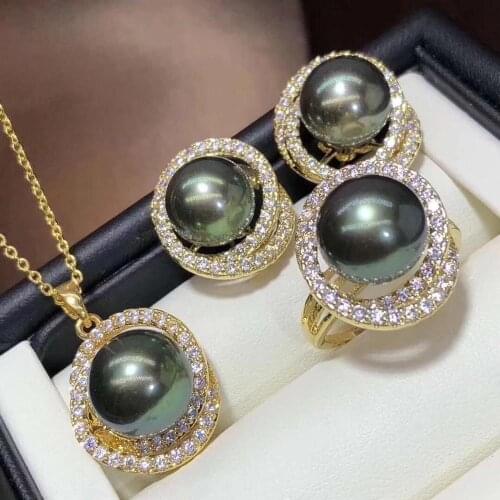 D720 Pearl Set Fine Jewelry 925 Sterling Silver Round 9-10mm Fresh Water Peacock Green Black Pearls Jewelry Sets for Women