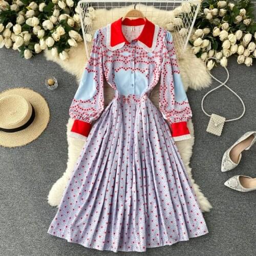 Runway Celebrity Heart Shape Print Floral Dots Dress Shirt Women Red Peter Pan Collar Pleated A Ling Long Sleeve Mdi Vestidos
