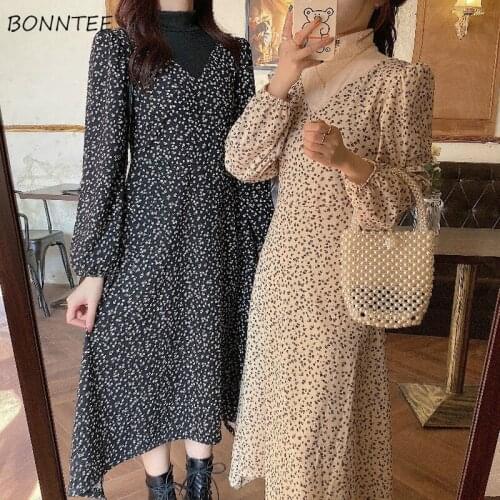 Long Sleeve Dress Women Temperament Retro Charm Elegant Fashion College Classy aesthetic Print Ulzzang Vintage Ladies Turtleneck