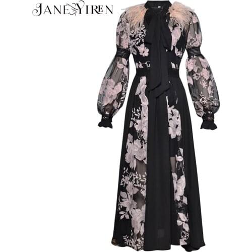 Janeyiren Fashion Dress Spring Women Lantern sleeve Bow collar Feather see through Mesh Floral Embroidery Sexy party Long Dress