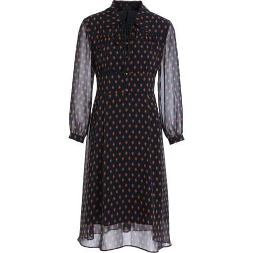 Gowani Printed Bow Tie-neck Turn-Down Doll Collar Sheer Sleeve Banded-waist Fit and Flare Dress High Quality