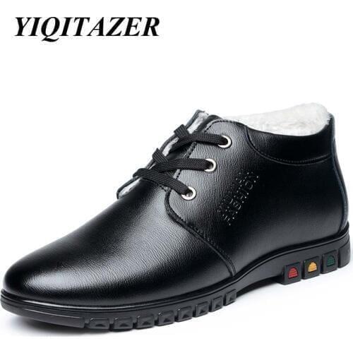 YIQITAZER Winter Fashion Fur Casual Shoes Leather Man,Rubber Soles Lace up Wool Business Shoes Men Shoes Boy Height Increasing