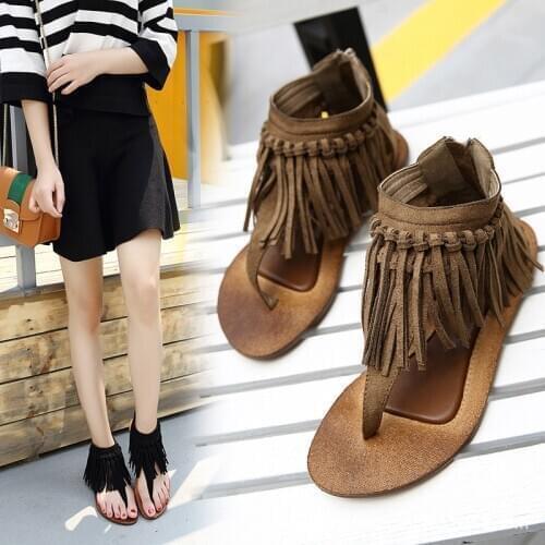 Famous designer tassel sandals women suede leather flip flops plait fringe gladiator sandals women vintage summer shoes c203