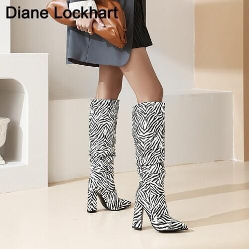 2020 Warm winter Knee High Boots Female Pointed Toe Chunky Block Zebra Printing Women High Heels Shoes Ladies Thick Heel Botines