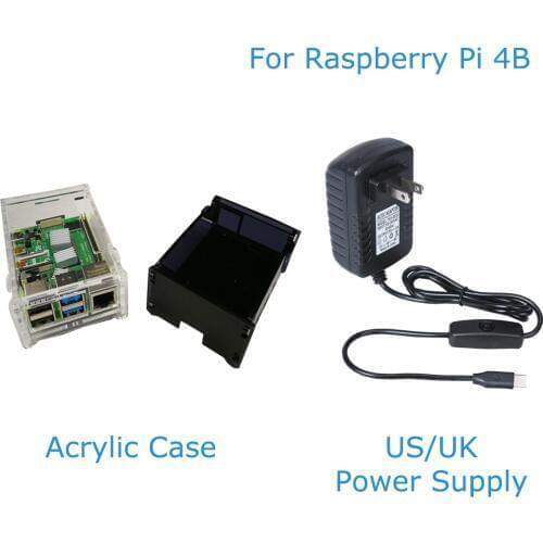 For Raspberry Pi 4 Acrylic Case 9 Layer Box Protecting Cover+ Raspberry Pi 4B Power Supply Adapter 5V 3A USB Type-C US UK Plug